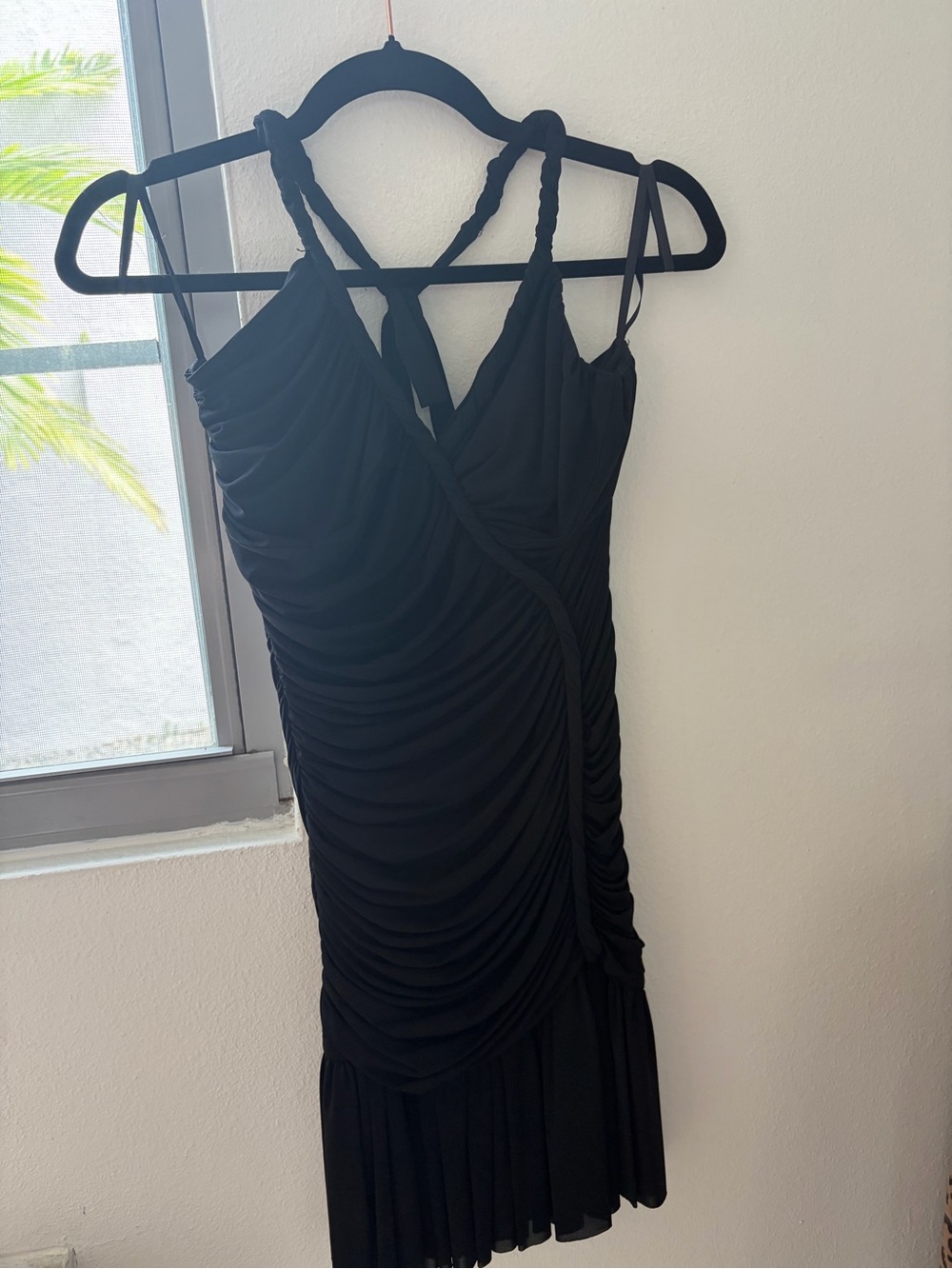 BCBGMaxAzria Black Ruched Mini Dress with Braided Straps